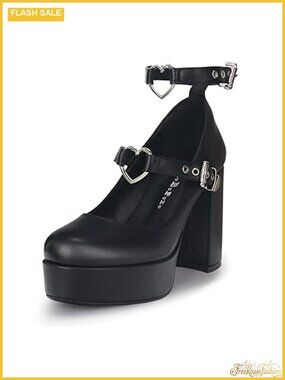 MUBUPUXU Women's Chunky Platform Heart Buckle Mary Janes Gothic Heels
